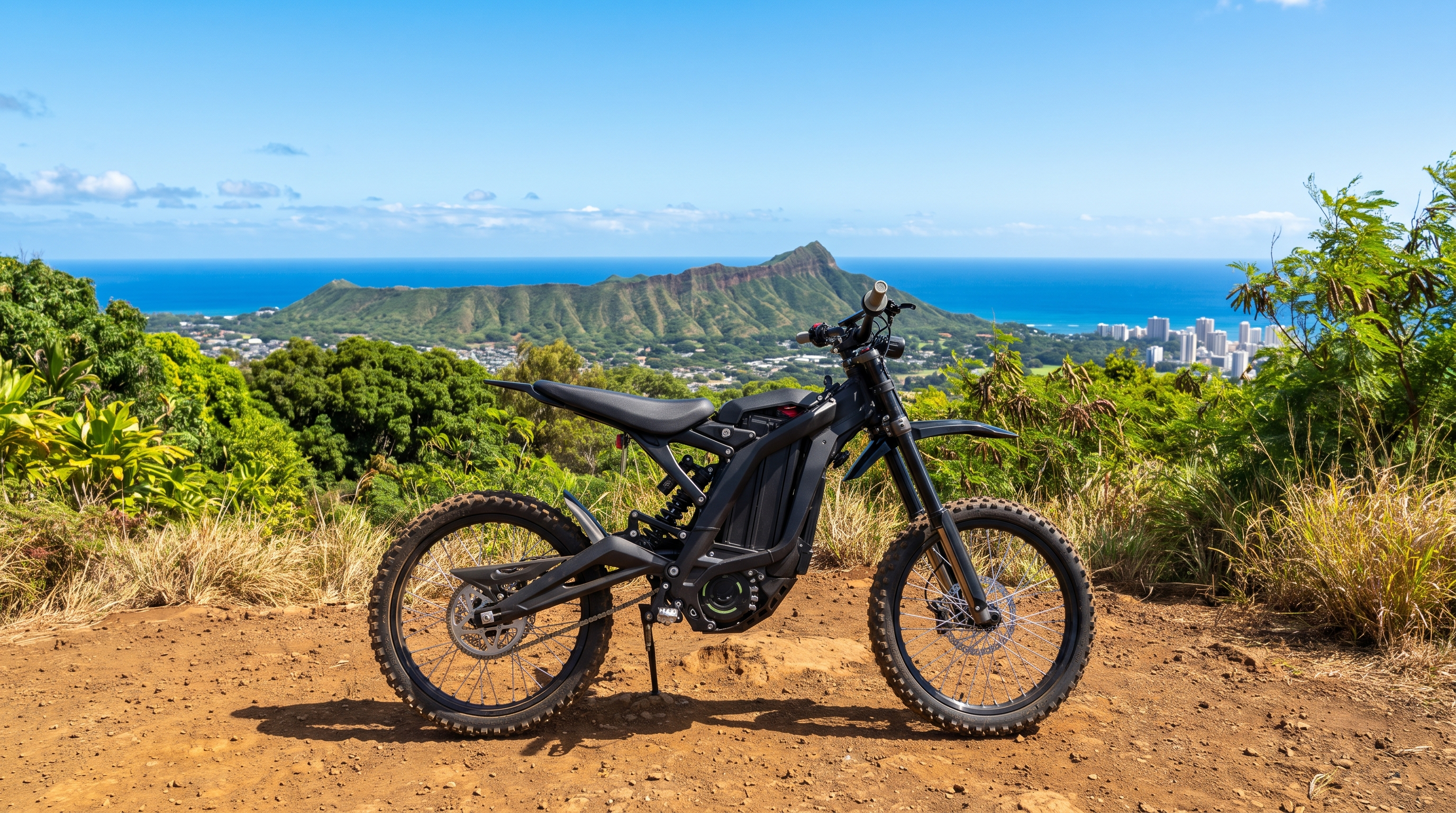 Black electric dirt bike on an Oahu trail near Diamond Head, Honolulu Hawaii