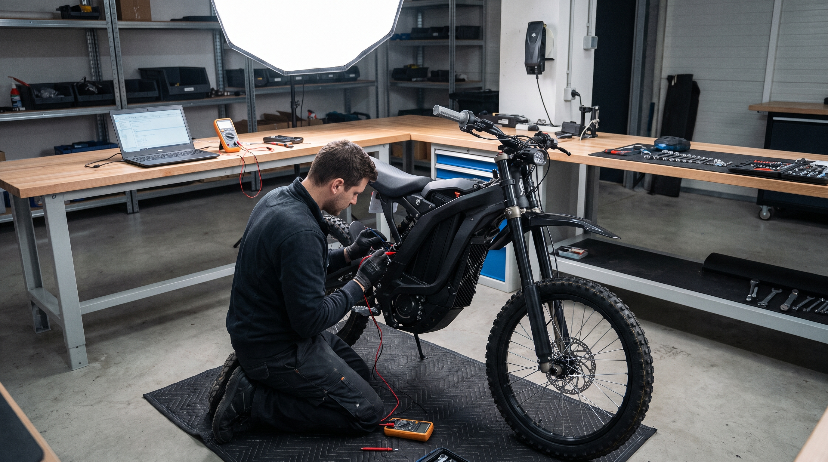 Technician diagnosing an electric dirt bike that will not power on