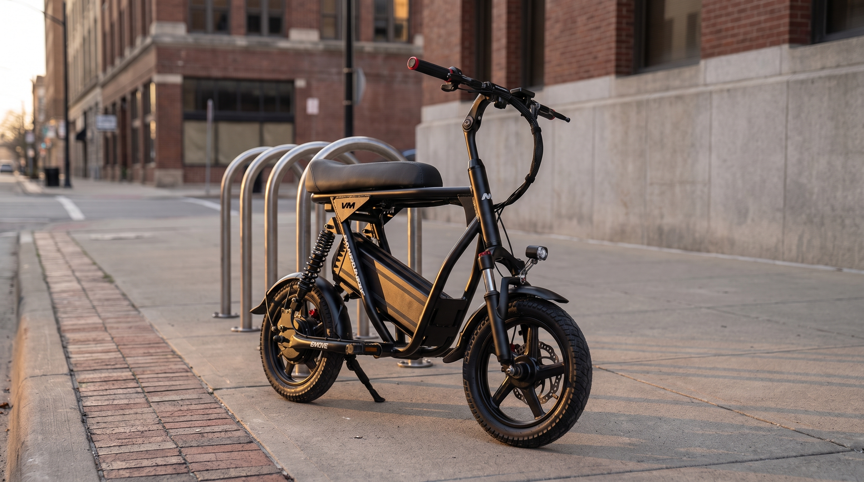 EMOVE RoadRunner V3 seated electric scooter parked on a city sidewalk