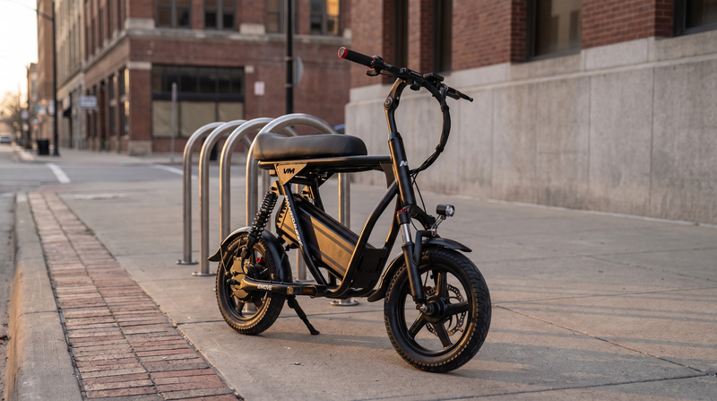 EMOVE RoadRunner V3 seated electric scooter parked on a city sidewalk
