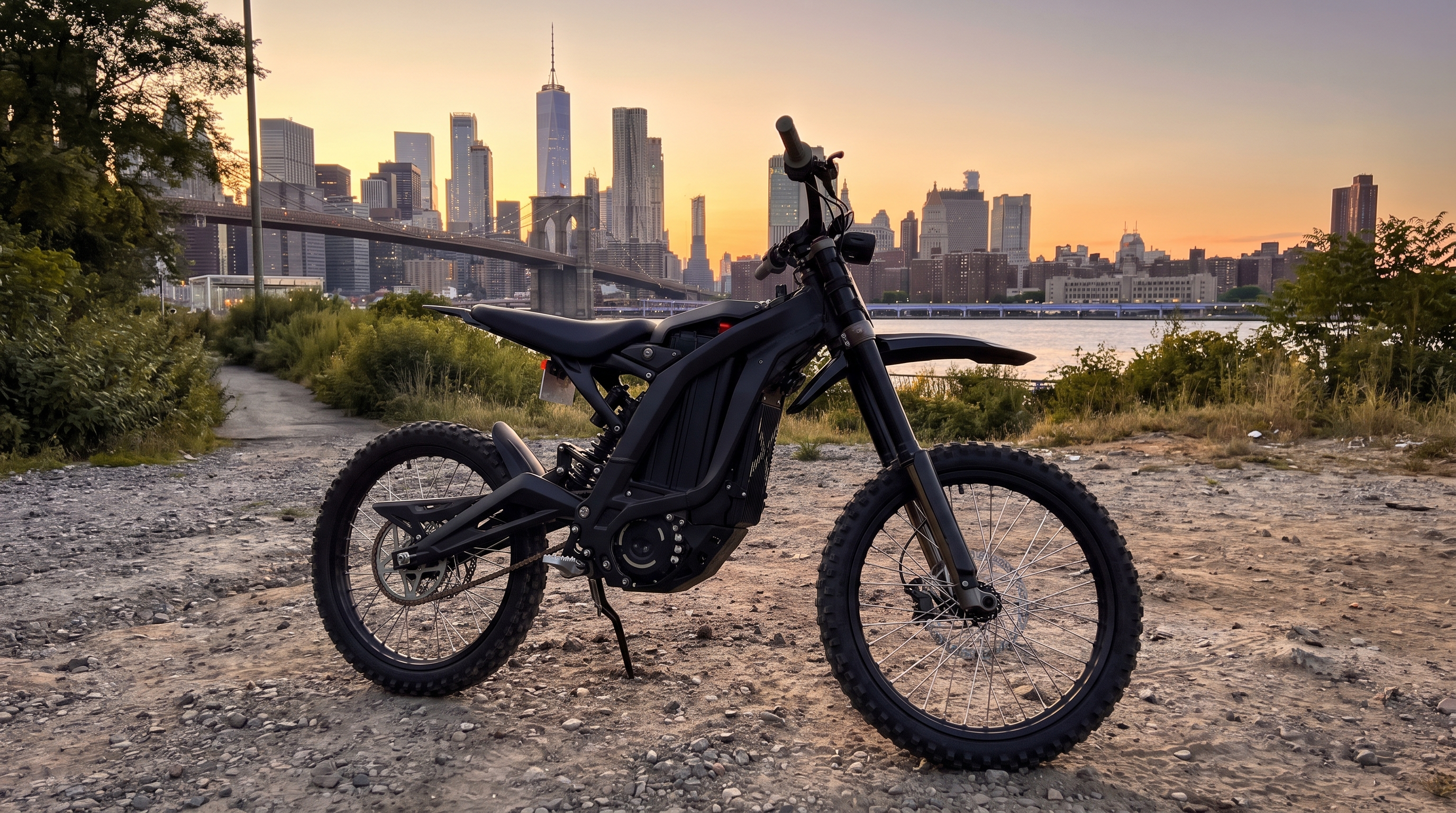 Black E Ride Pro electric dirt bike with the New York City skyline in the background