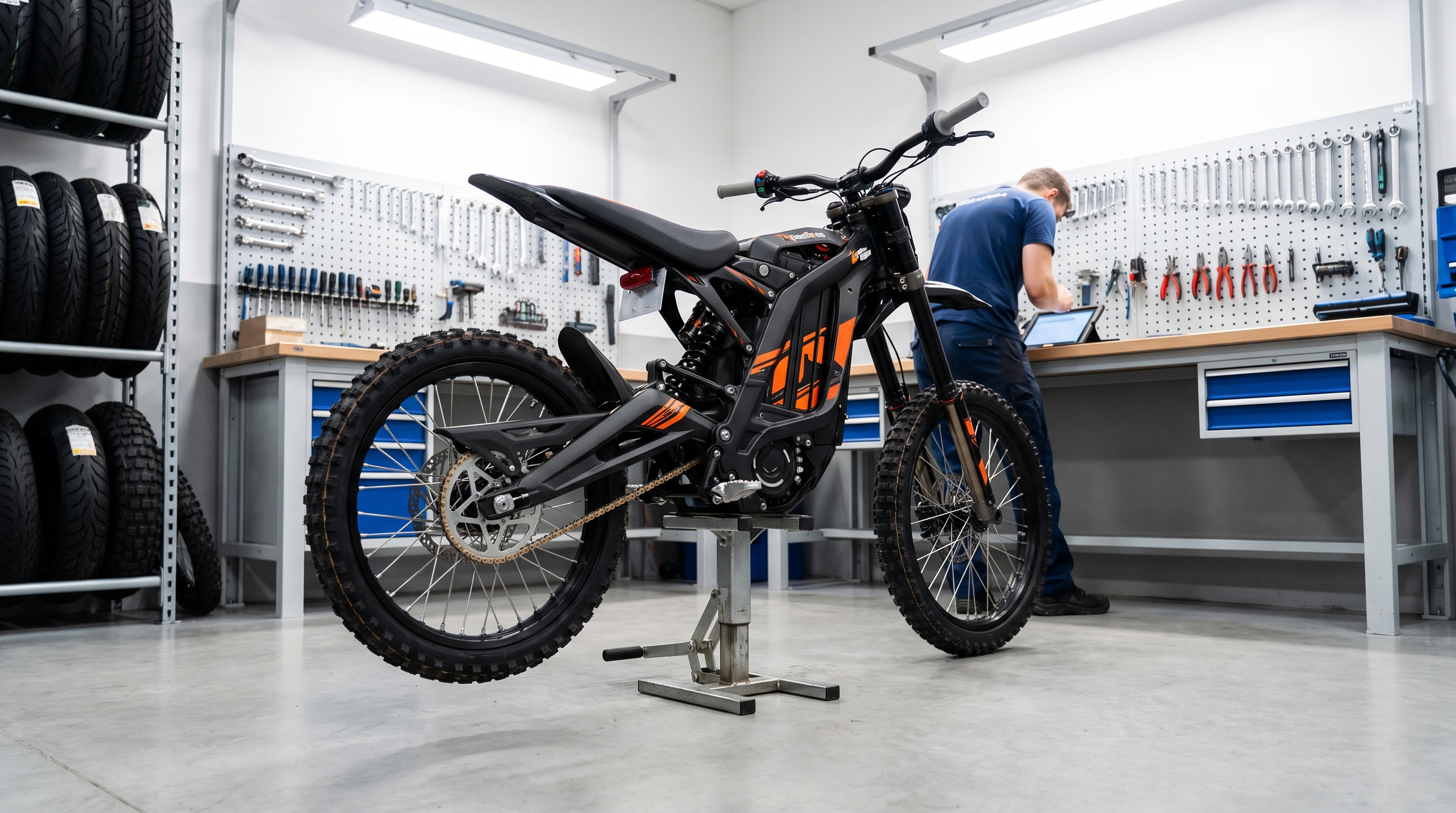 E Ride Pro electric dirt bike on a maintenance stand in a workshop