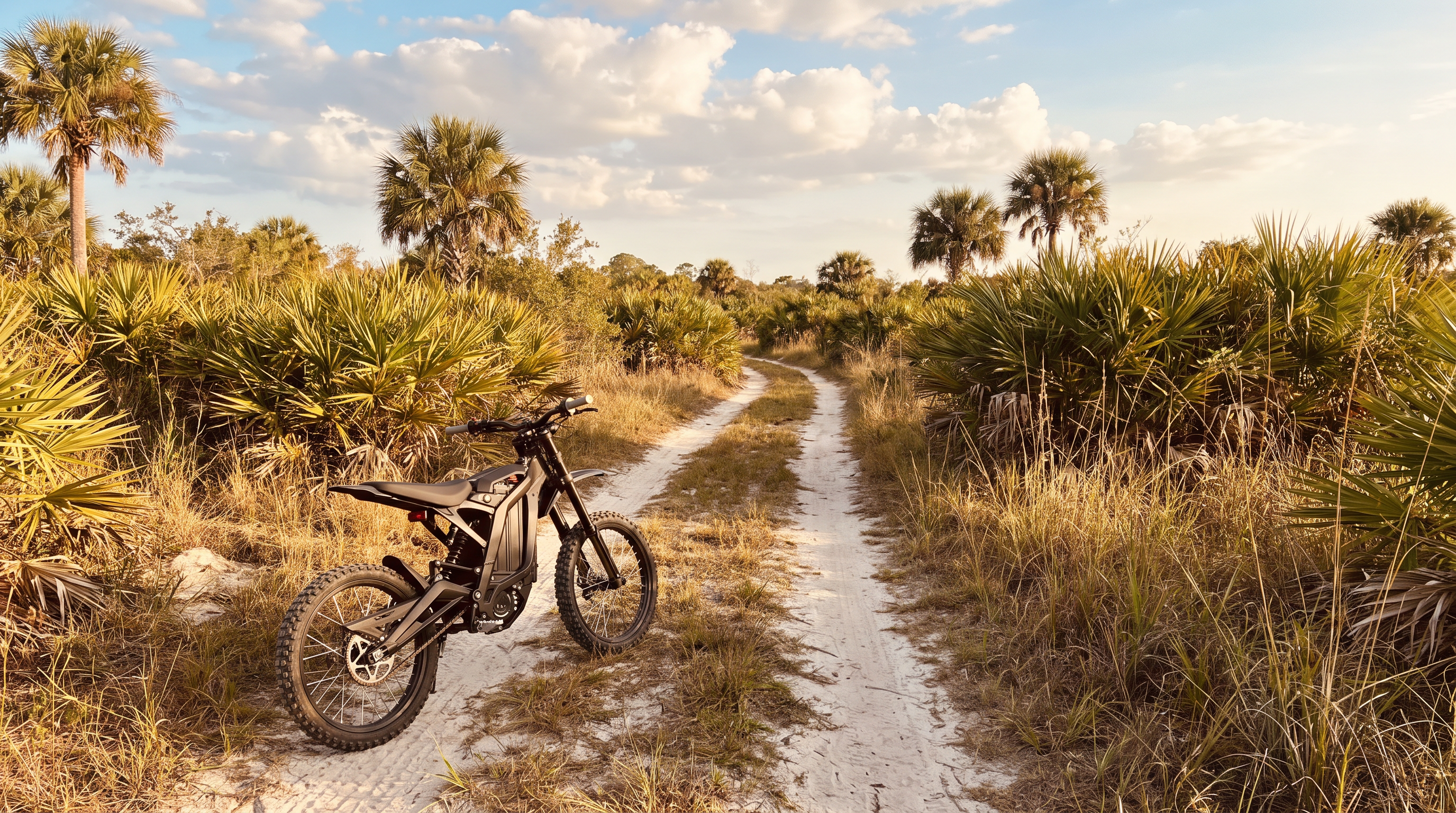 Black electric dirt bike on a sandy Florida off-road trail