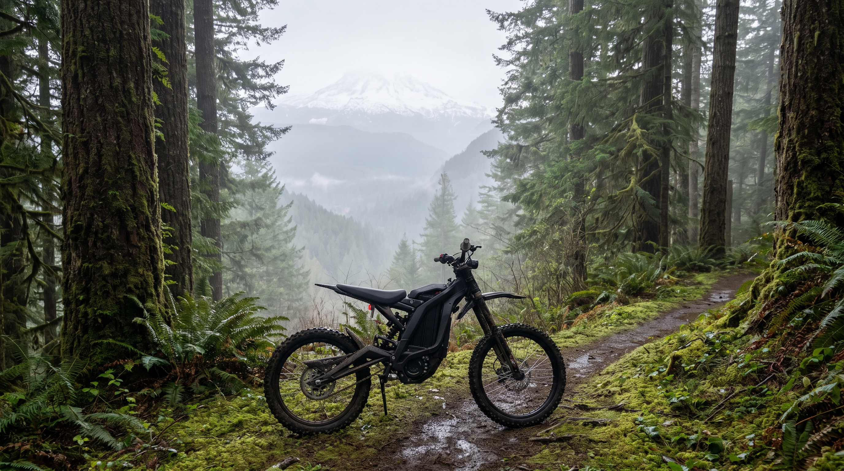 Black electric dirt bike on a Washington State forest trail