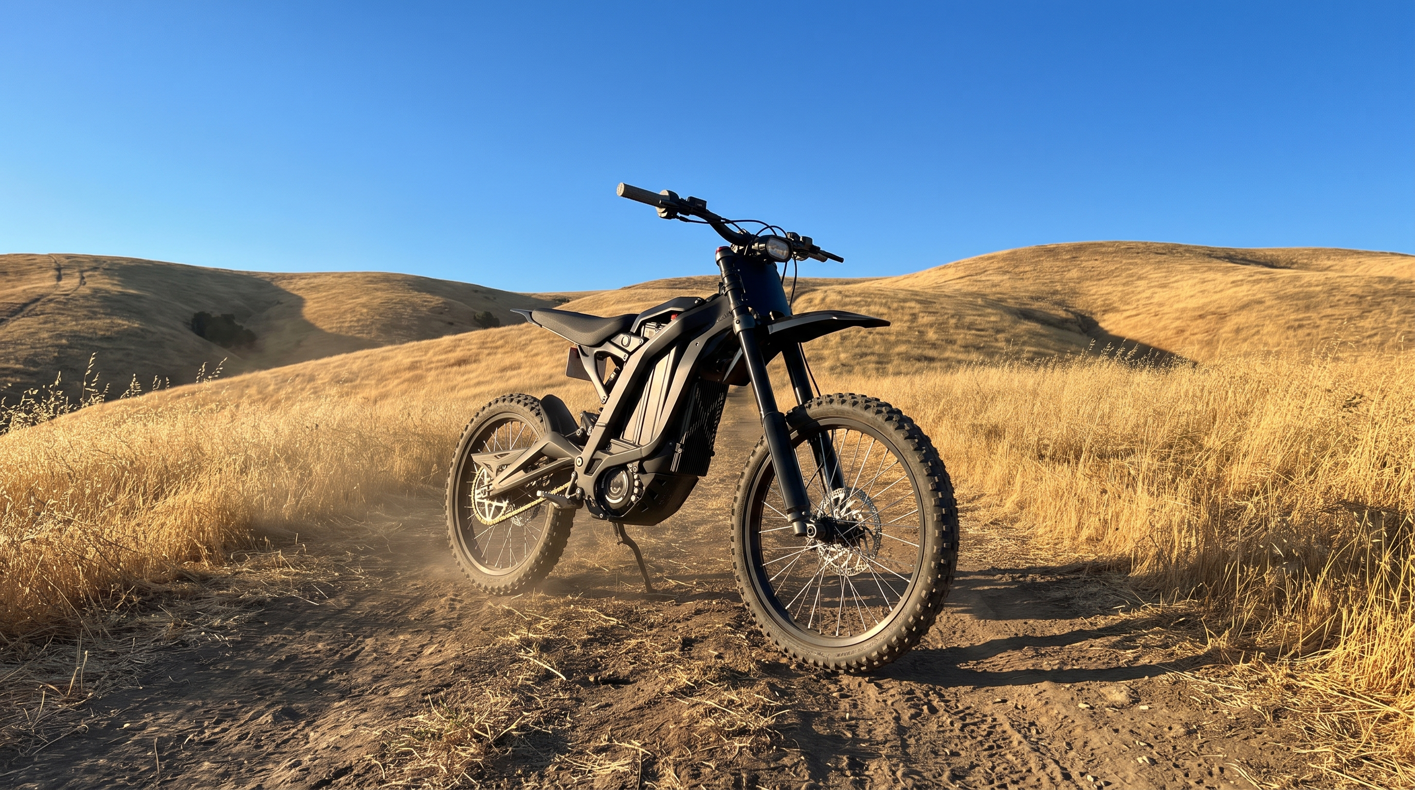 Black electric dirt bike parked on an off-road trail in golden hills