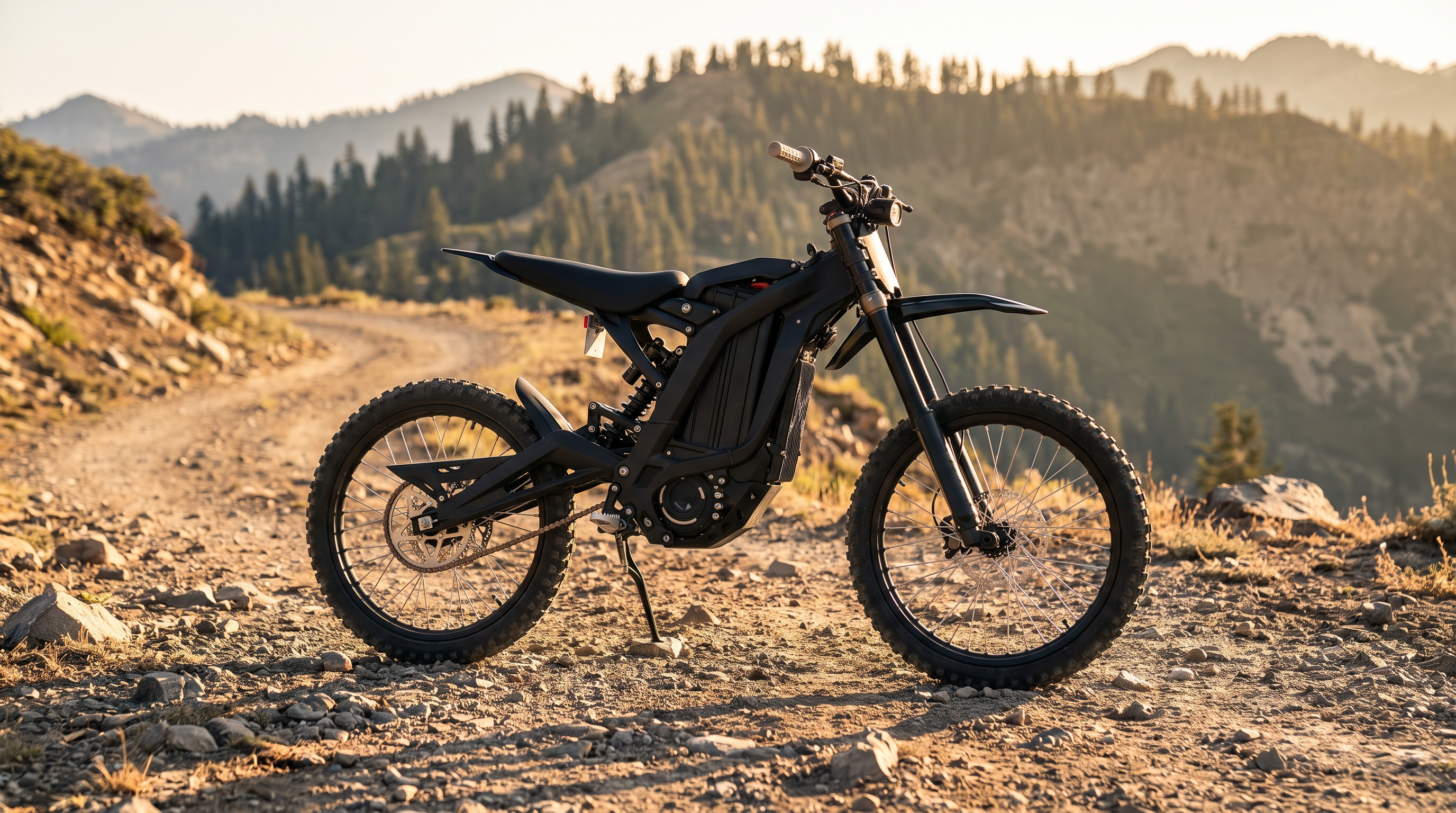 Black electric dirt bike on a rugged mountain backcountry trail