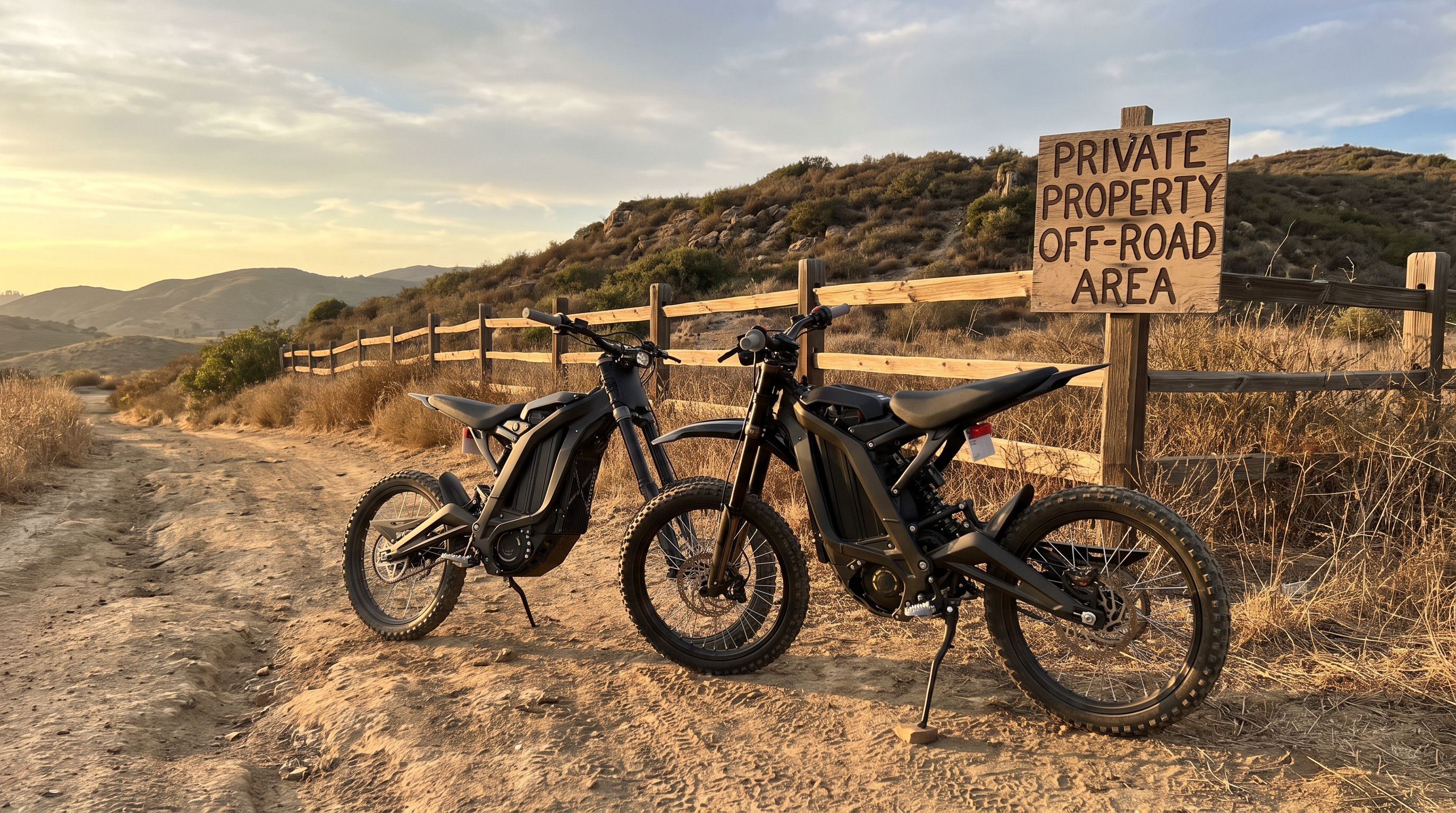 Black electric dirt bike parked on an off-road trail on private property