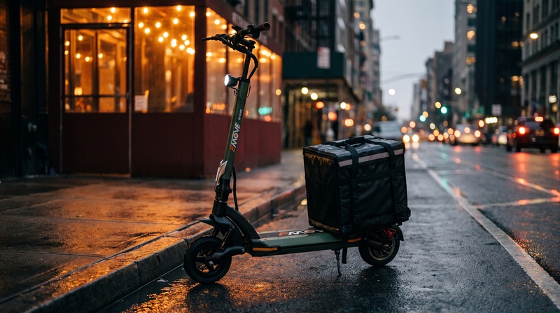 EMOVE Cruiser V2 with a delivery bag parked at a city curb at dusk