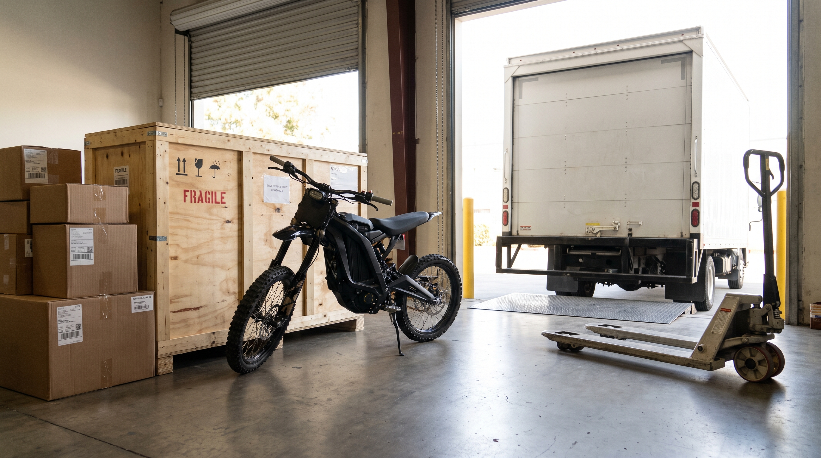 E Ride Pro electric dirt bike at a warehouse loading dock ready for nationwide shipping