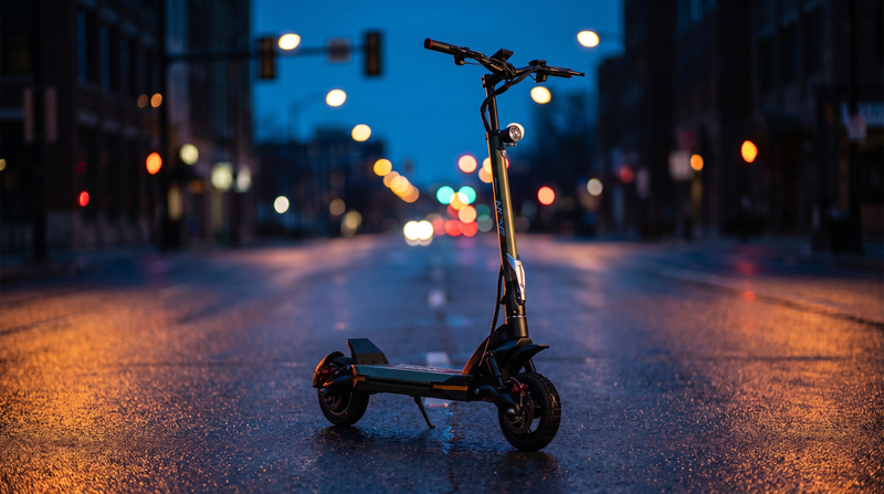 EMOVE Cruiser V2 electric scooter on a city street at blue hour