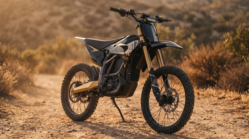Altis Sigma electric dirt bike on a dirt trail at golden hour