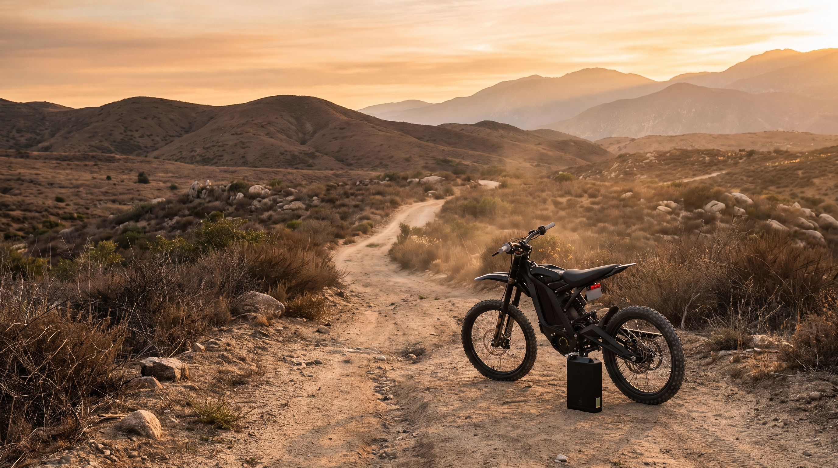 Black electric dirt bike on a long open trail with a spare battery pack