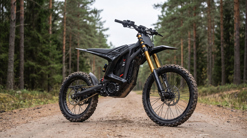 Arctic Leopard XE Pro R electric dirt bike on a forest trail