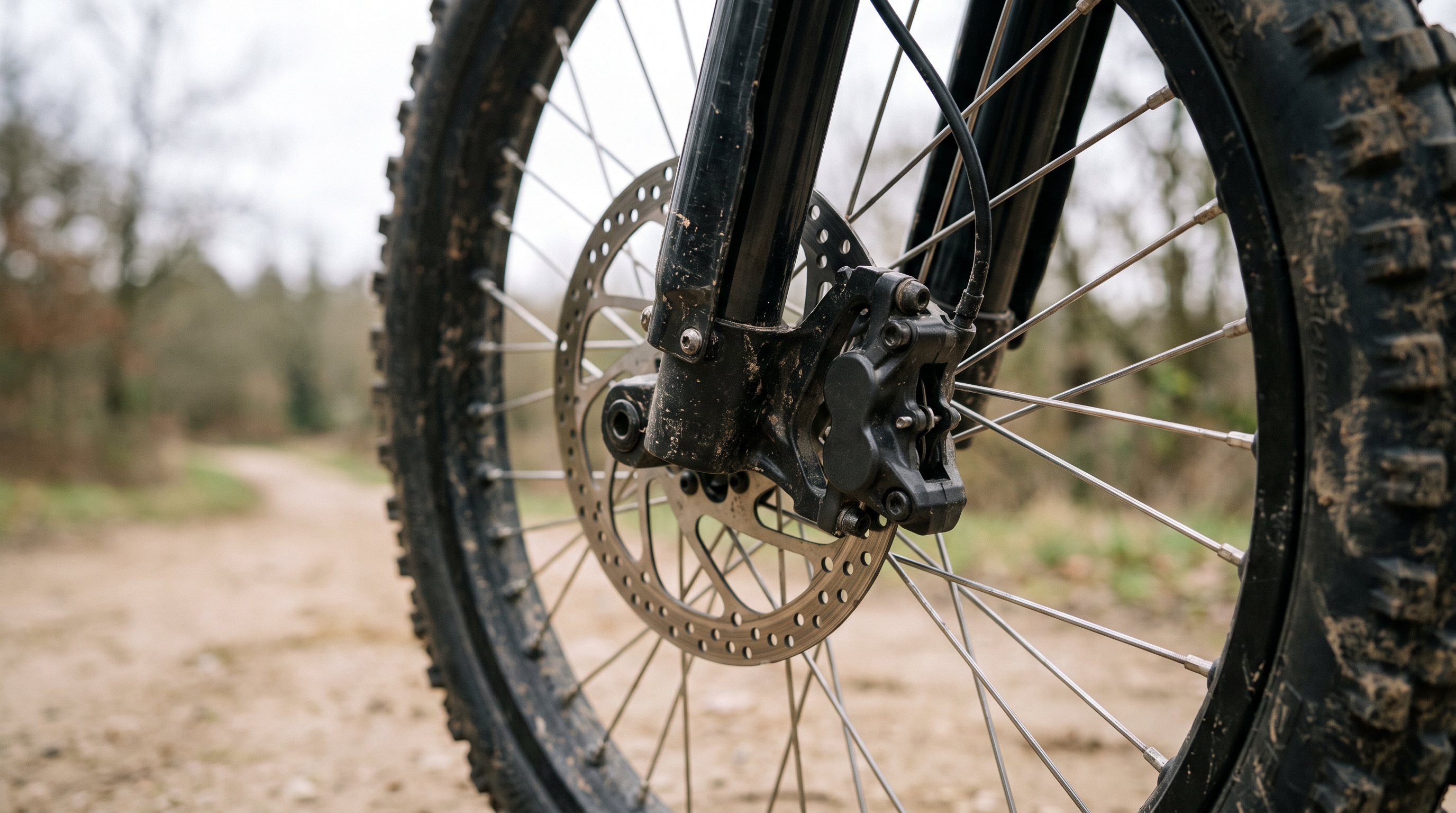 Front hydraulic brake caliper and disc rotor on an electric dirt bike