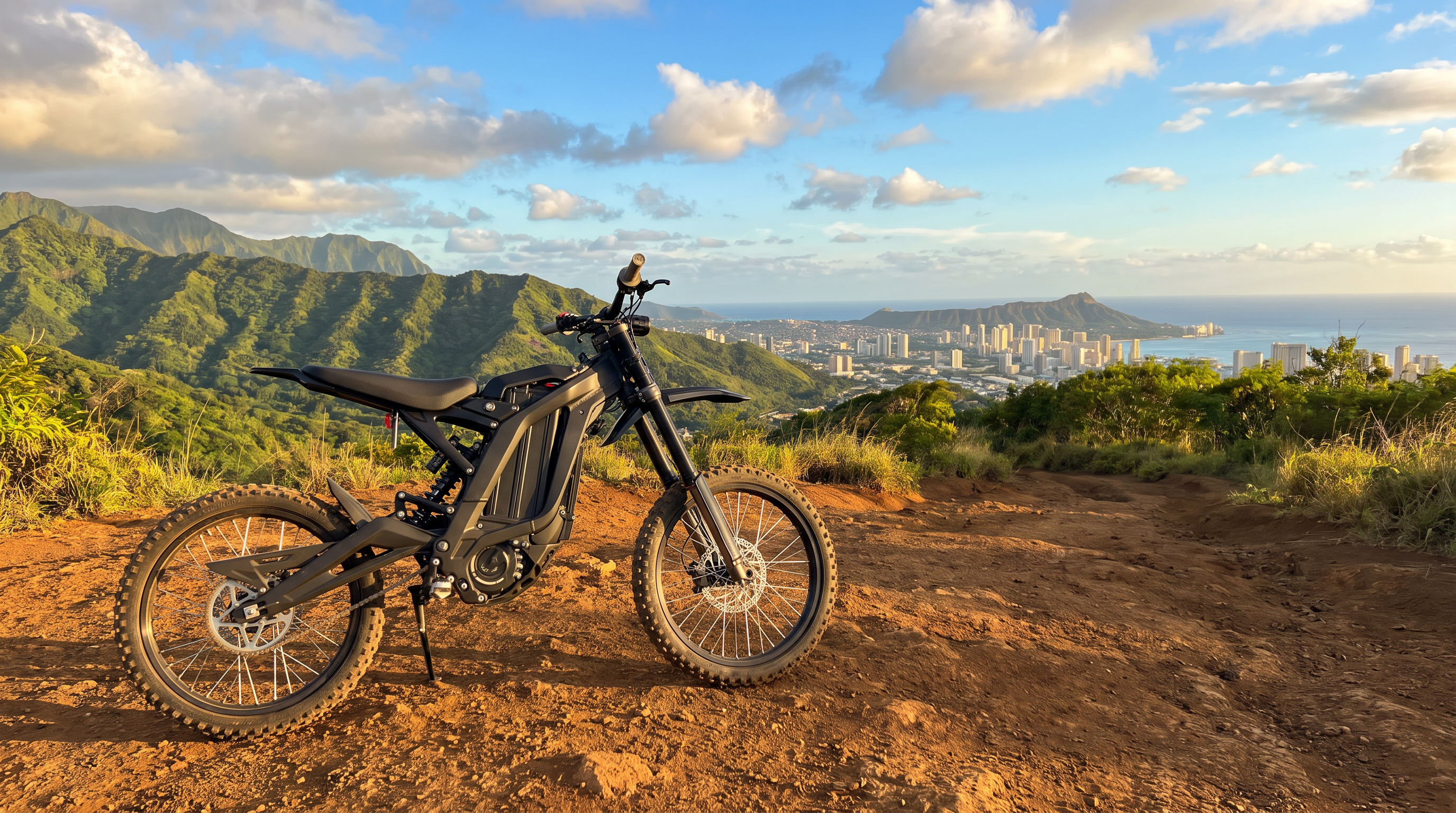 Black electric off-road dirt bike on a volcanic trail overlooking Honolulu, Hawaii