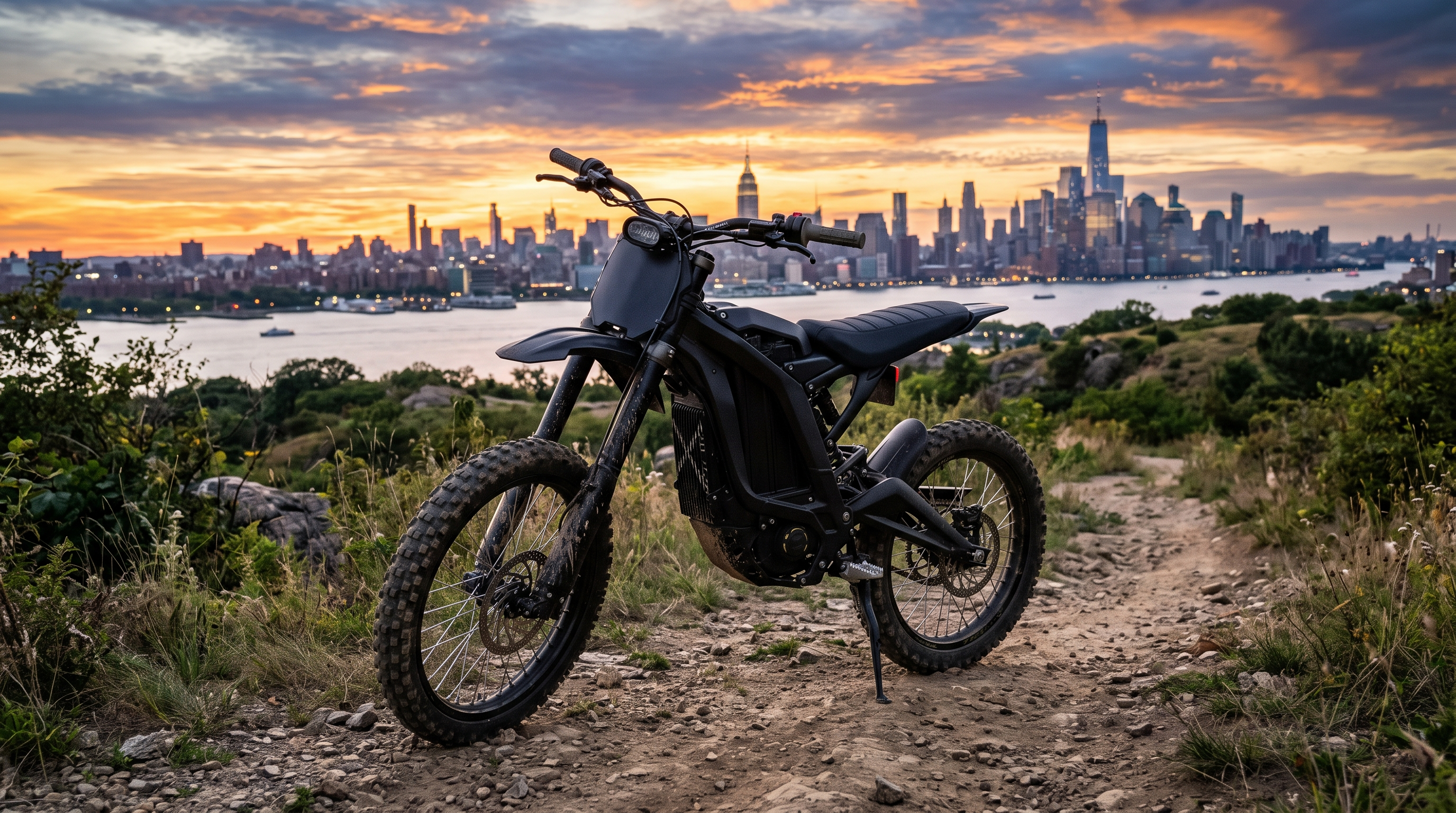 Black electric off-road dirt bike on a trail with the New York City skyline in the distance
