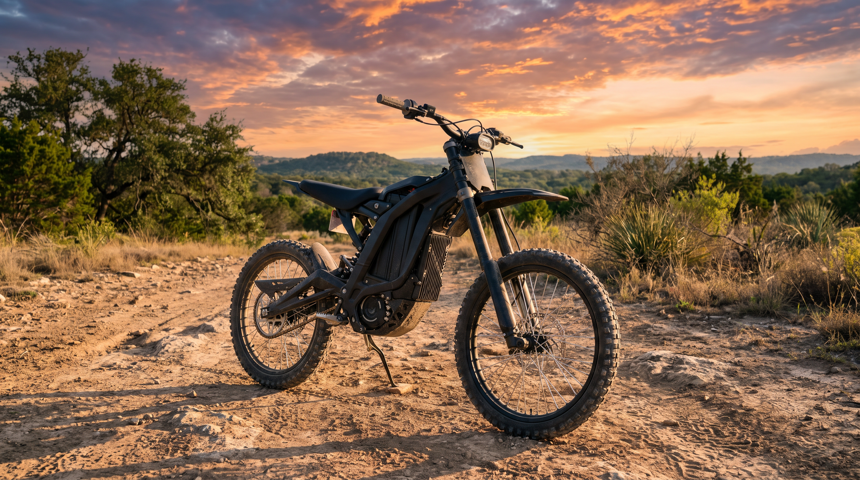 Surron Ultra Bee electric dirt bike on a Texas Hill Country trail