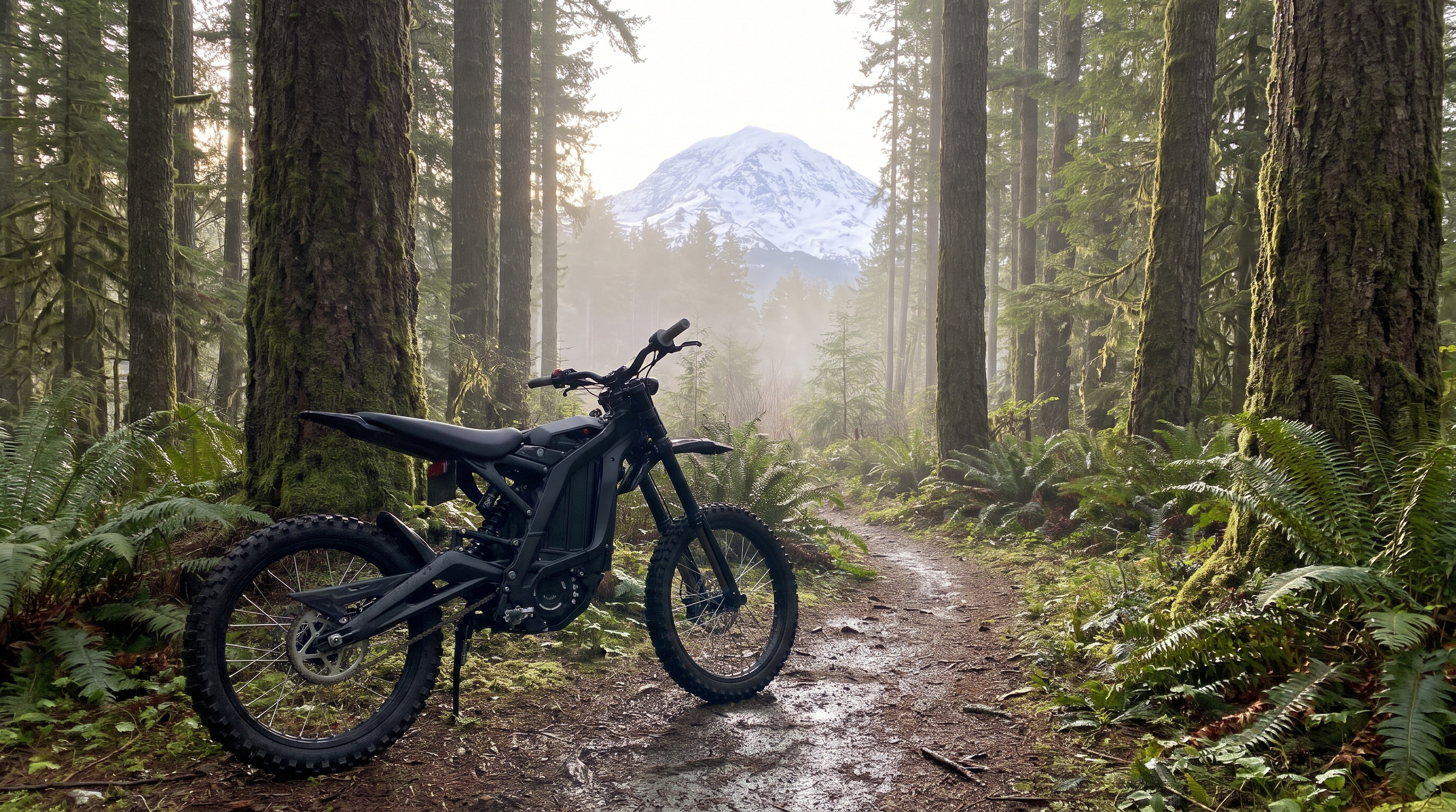 Black electric off-road dirt bike on a forest trail in Washington State with a snow-capped Cascade peak