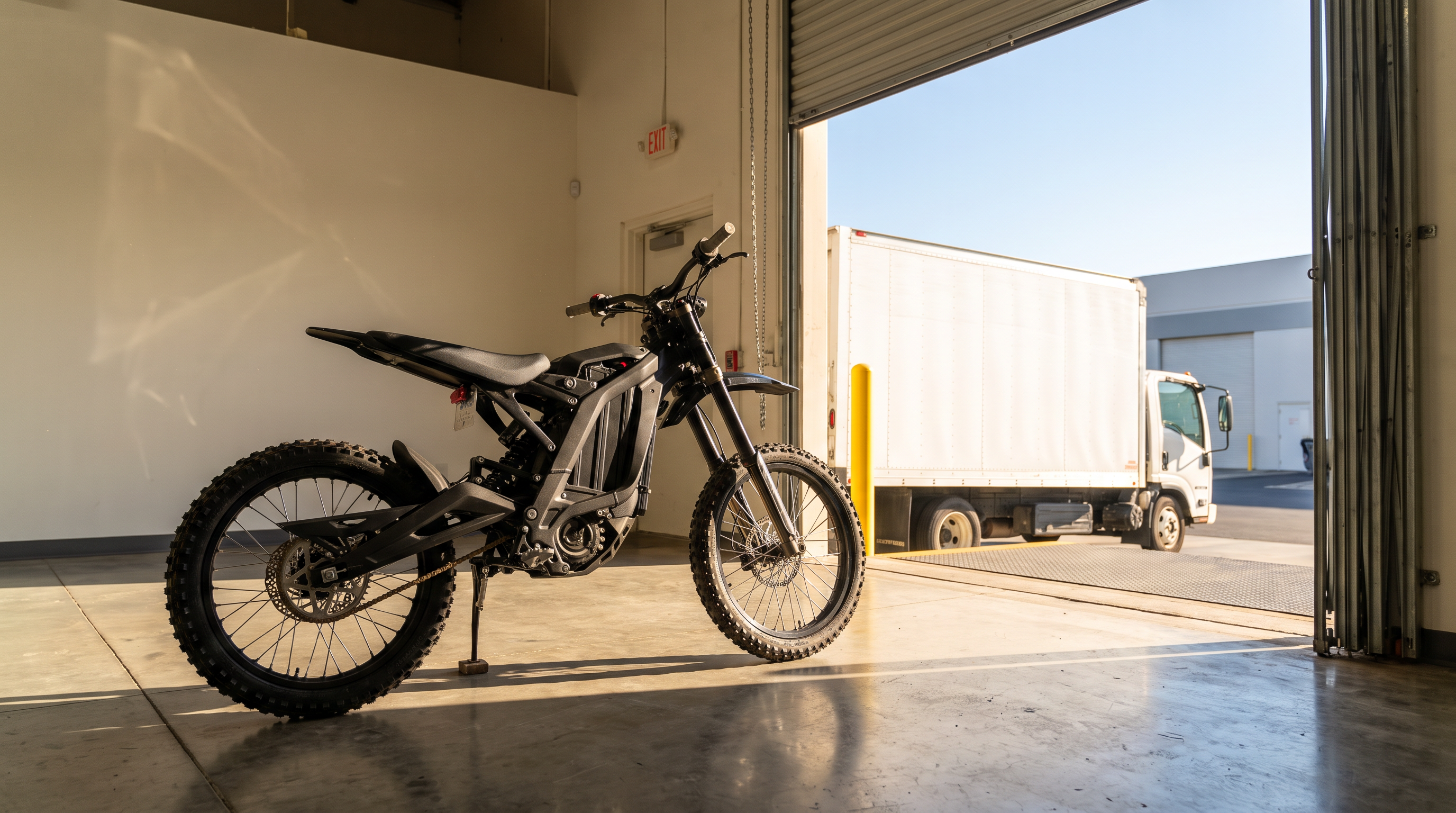 Black full-size electric off-road dirt bike in a warehouse showroom with a delivery truck in the loading bay