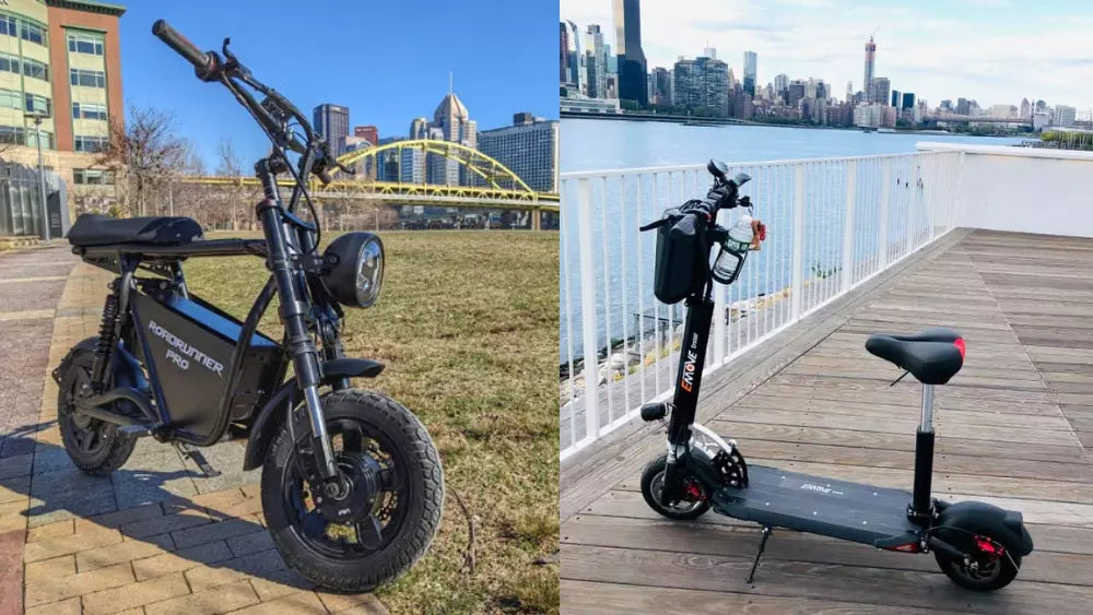 EMOVE RoadRunner Pro seated electric scooter (Credit: Facebook member) and EMOVE Cruiser electric scooter with seat (Credit: Facebook member)