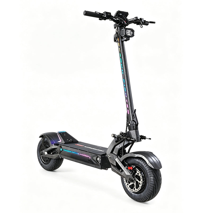 Teverun Fighter Supreme 7260R V6 electric scooter, front three-quarter view with RGB deck lighting