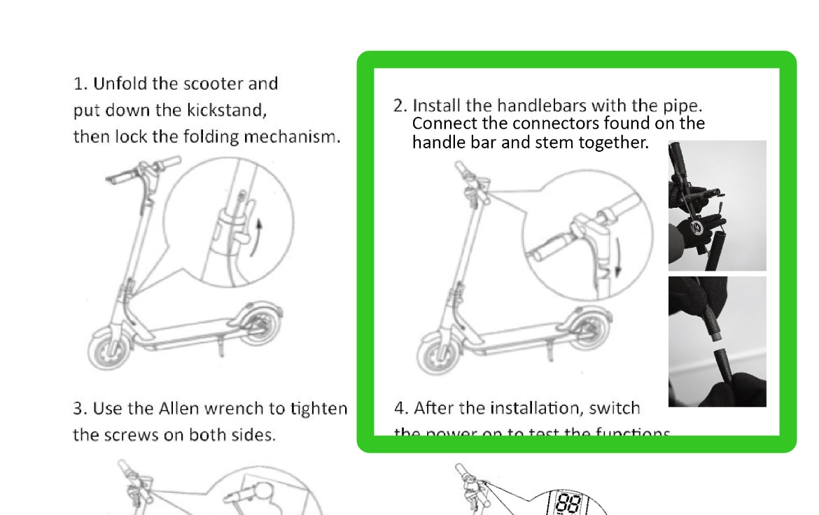 Assembly steps from the Vroomie manual, with step two highlighted: install the handlebars with the pipe and connect the connectors found on the handlebar and stem together