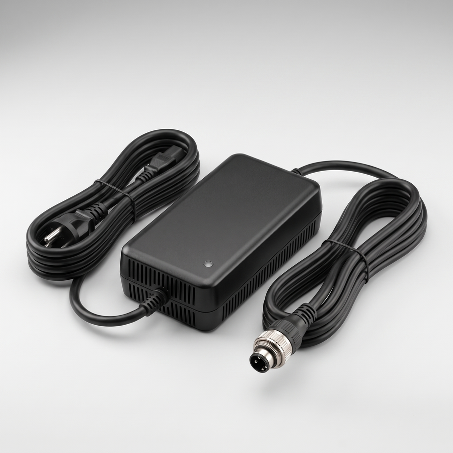 48V 3A charger for the Aptum VM 1 with both cables coiled and the three pin output connector