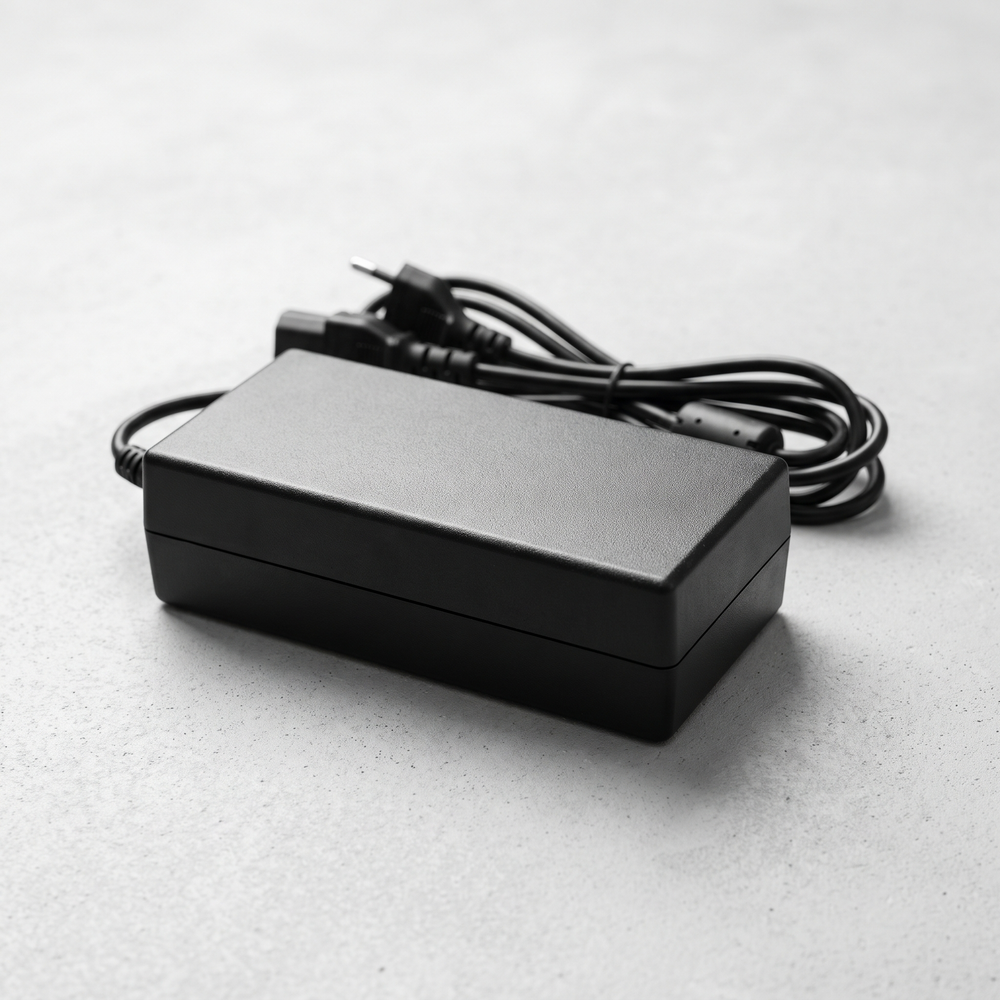 48V 3A VM 1 charger on a workbench showing its compact size