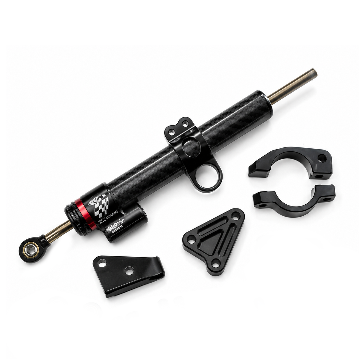 Hooga Daytona steering damper laid out with its frame bracket and bar clamps