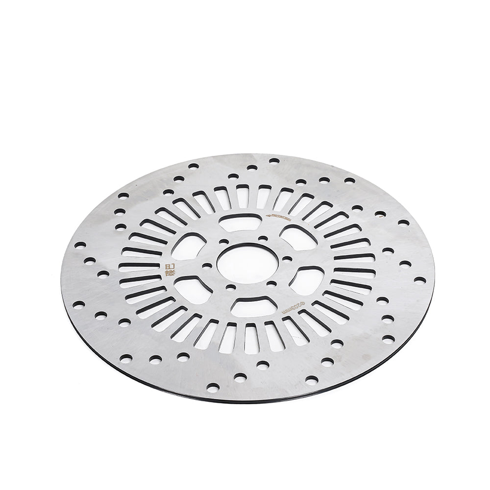203mm drilled and slotted brake rotor for the EMOVE RoadRunner Pro V2, laid flat