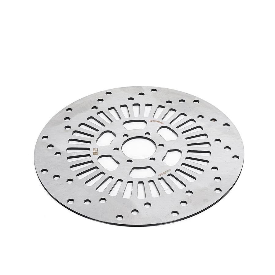 203mm drilled and slotted brake rotor for the EMOVE RoadRunner Pro V2, laid flat