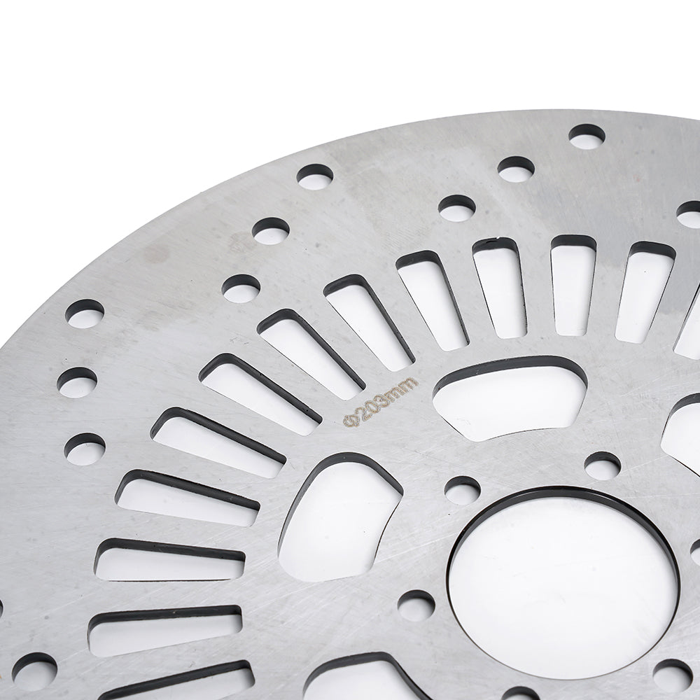 Close view of the 203mm EMOVE RoadRunner Pro V2 brake rotor braking surface and centre bore