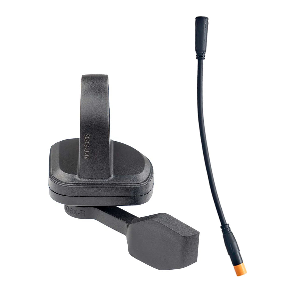 Black thumb throttle with mounting clamp, shown beside its adaptor lead with an orange 3 pin waterproof connector