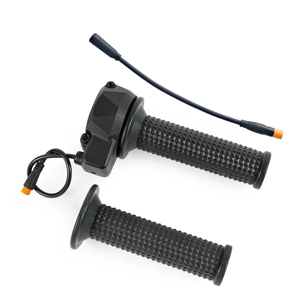 Complete full twist throttle assembly with both knurled handlebar grips and the connector adapter lead with orange waterproof plug