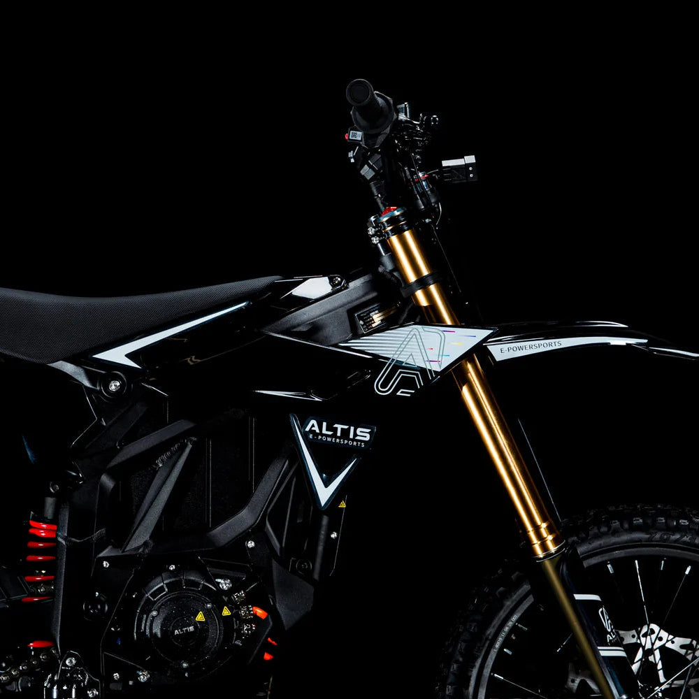 Close-up of the Altis Sigma's gold front forks, Altis E-Powersports side badge and black bodywork