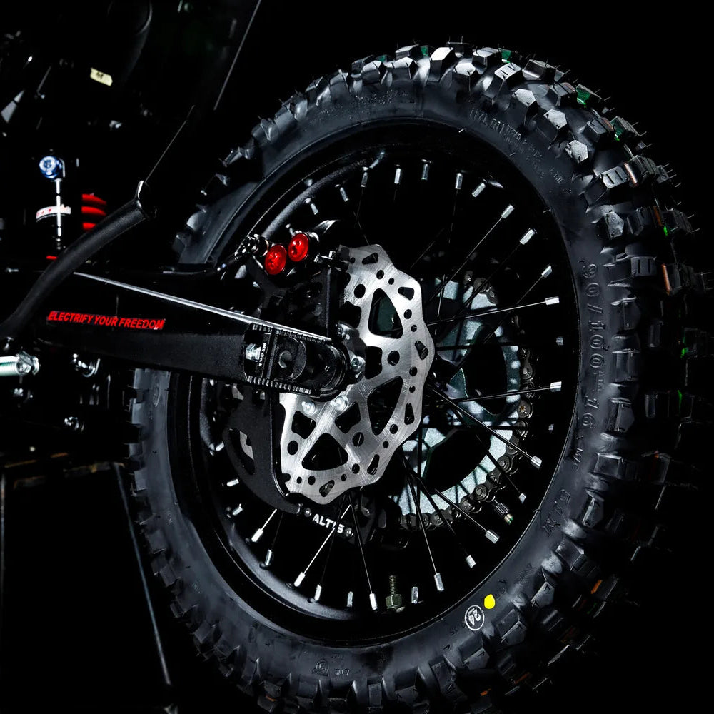 Altis Sigma rear wheel with a wave-pattern brake rotor and the Electrify Your Freedom swingarm