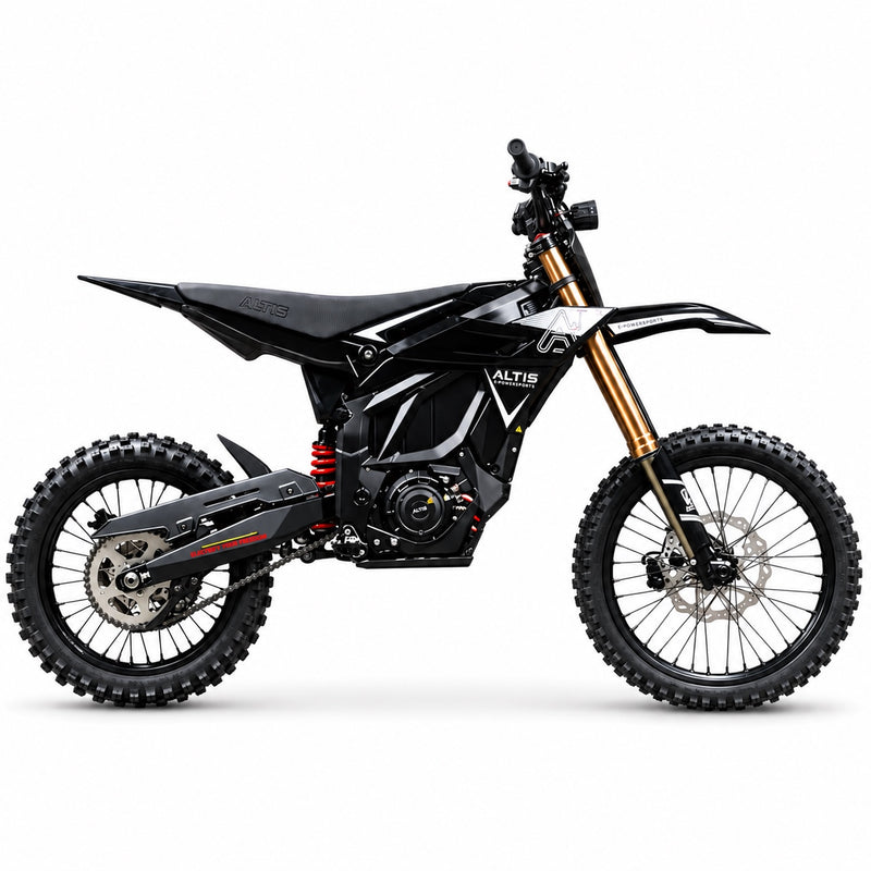 2027 Altis Sigma electric dirt bike in black with gold forks, side profile facing right, on a white background