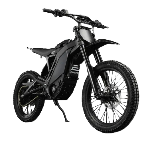 E Ride Pro 4.0 electric dirt bike in matte black, front three-quarter view