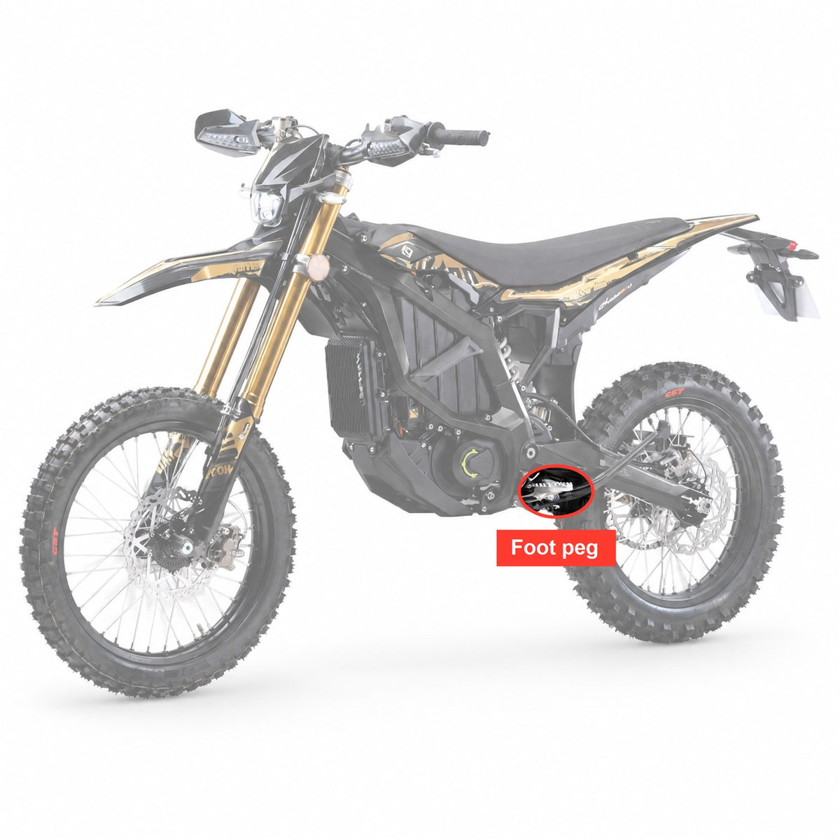 Where the foot pegs mount on the Surron Ultra Bee, circled on the complete bike