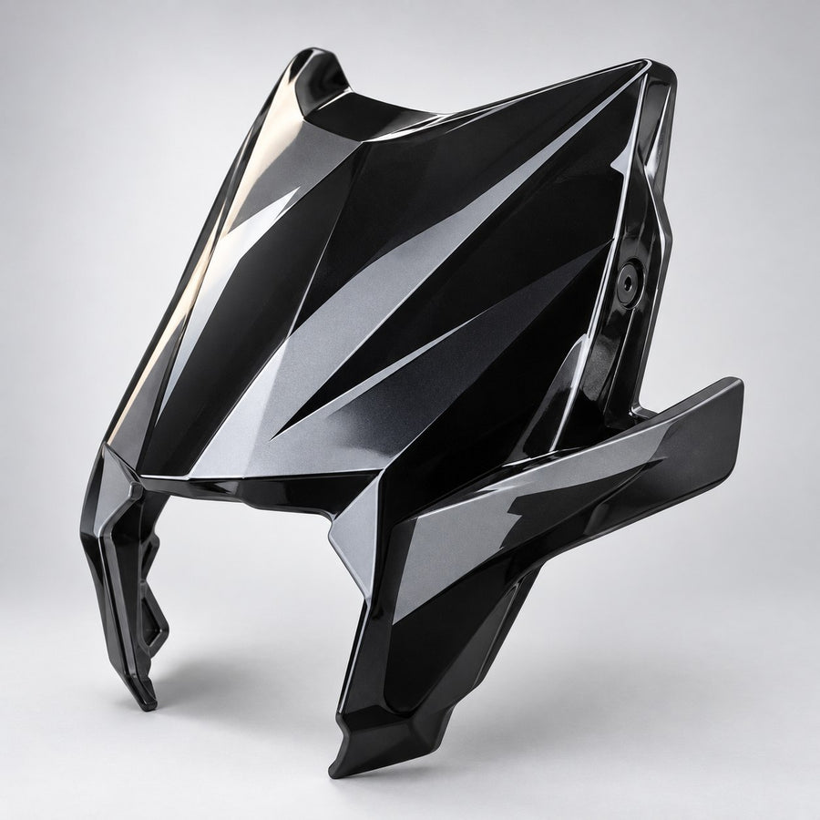 Front cover for the Surron Ultra Bee, black plastic headlight shroud panel, studio product photo