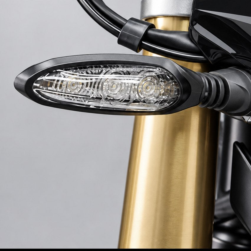 Front turn signal fitted on the Surron Ultra Bee next to the gold front fork