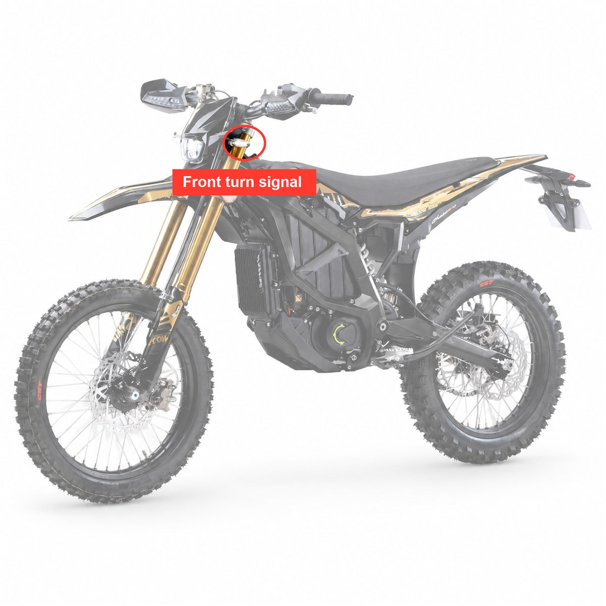 Where the front turn signals sit on the Surron Ultra Bee, circled on the complete bike
