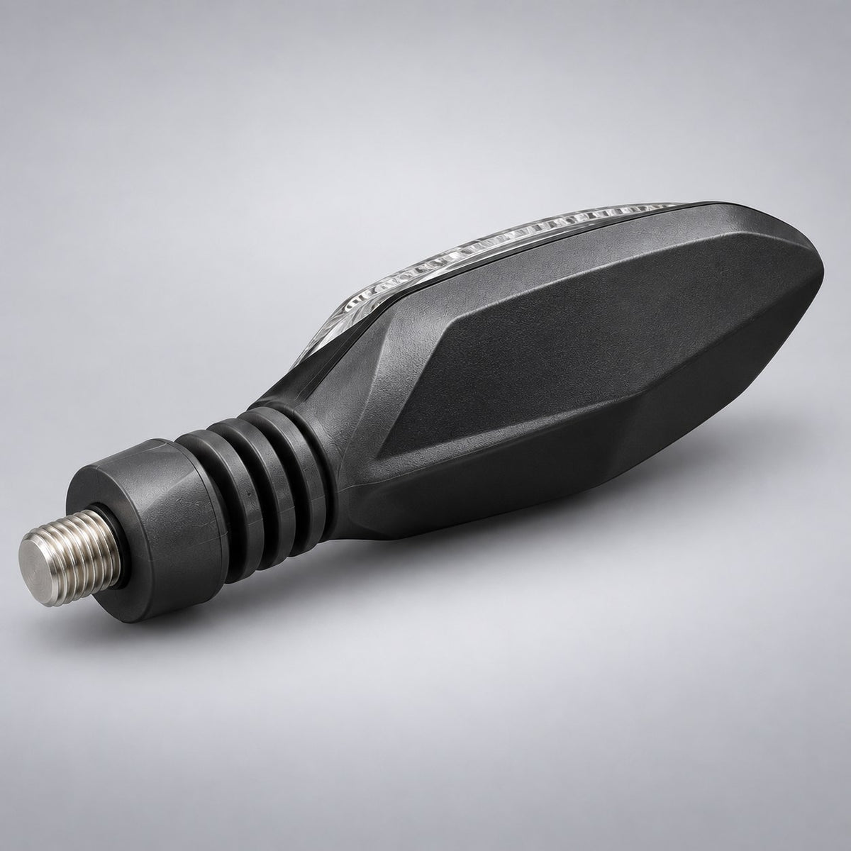 Rear three quarter view of the Surron Ultra Bee front turn signal showing the ribbed rubber stem and threaded mount
