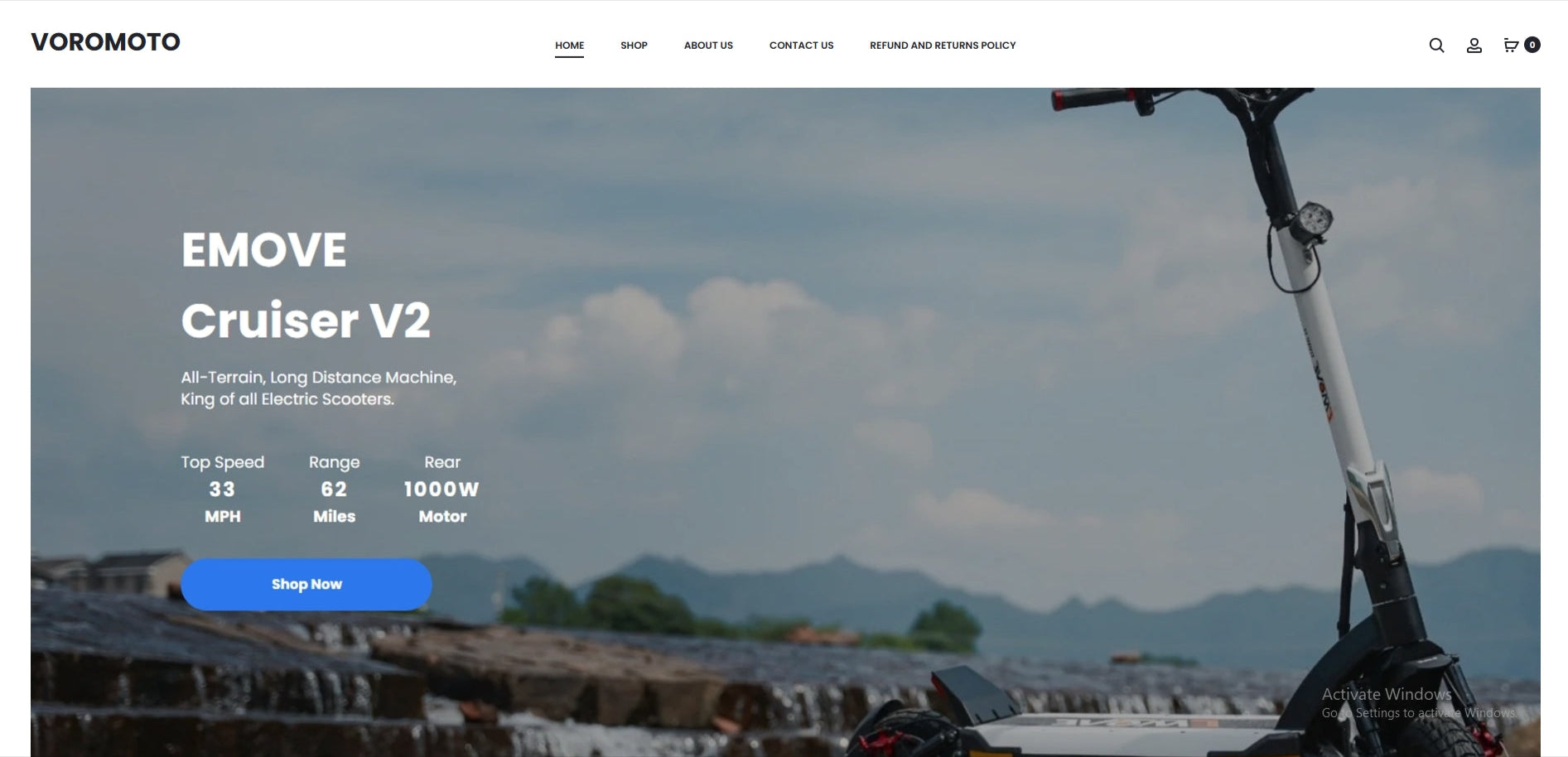 Screenshot of a fake site branded VOROMOTO, copying the VoroMotors homepage layout and an EMOVE Cruiser V2 listing