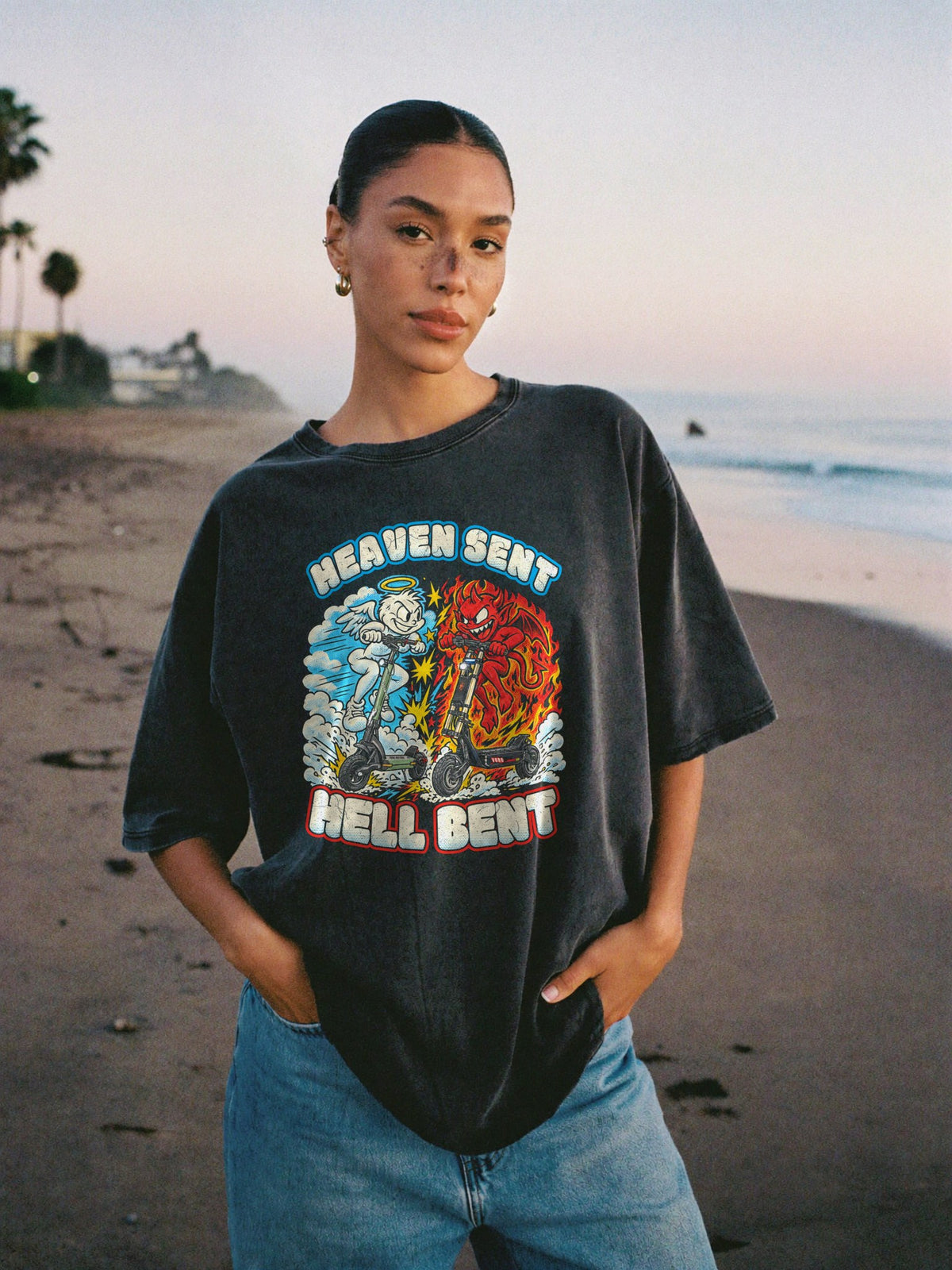 Heaven Sent / Hell Bent Washed Tee, front print, worn full length