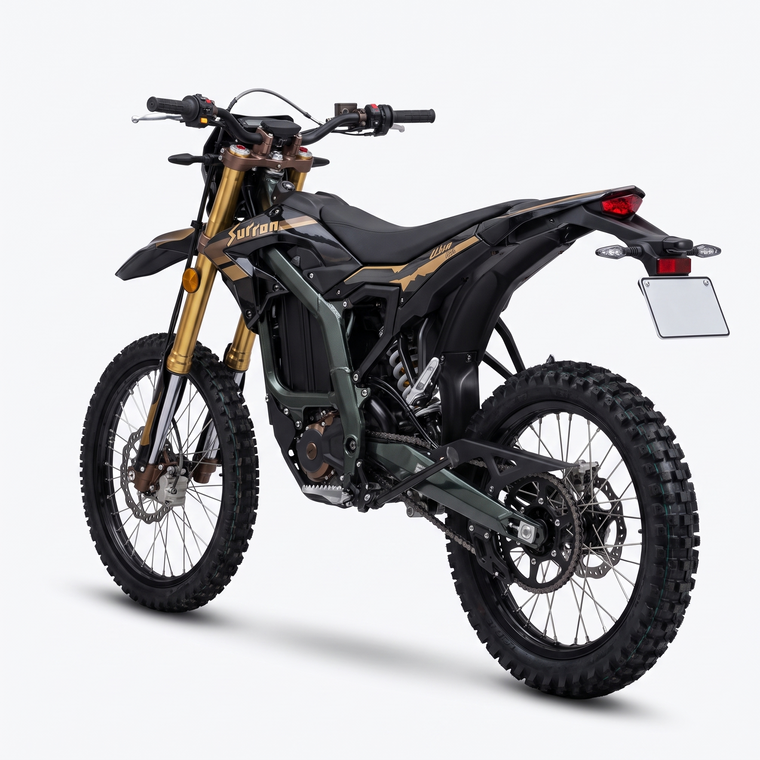 Surron Ultra Bee in Carbon Black with the included street legal lighting kit: front and rear turn signals, fork reflector and rear license plate bracket. Still an off-road bike on knobby tires.