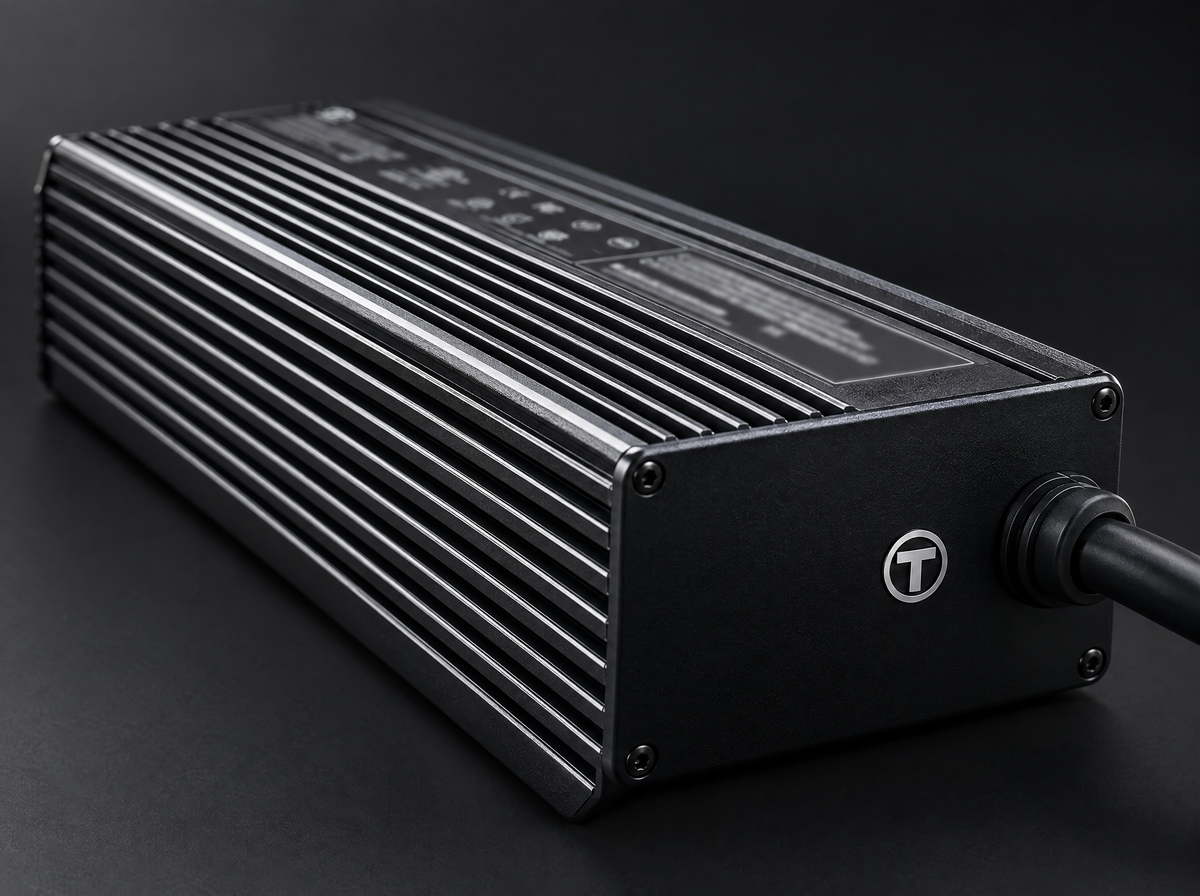 Teverun 67.2V 6A fast charger, three quarter studio view showing the finned aluminium housing, the TEVERUN badge and the output cable