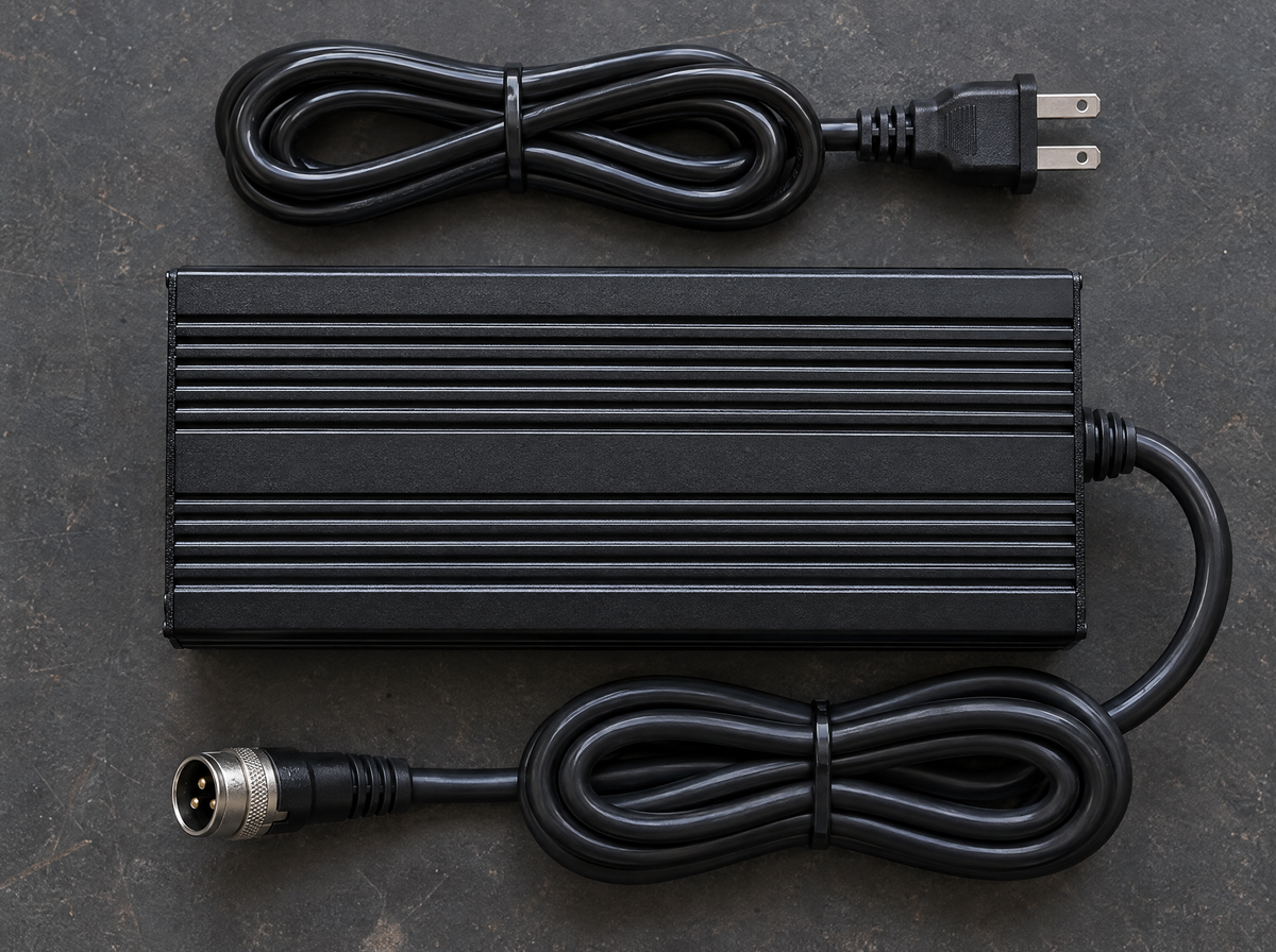 What is in the box: the 67.2V 6A charger, the output cable with its three pin GX16 connector, and a US mains lead