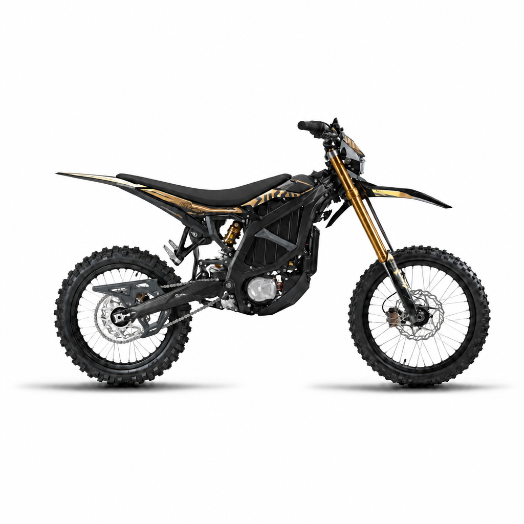 2026 Surron Ultra Bee electric dirt bike in Carbon Black, side view, off-road setup