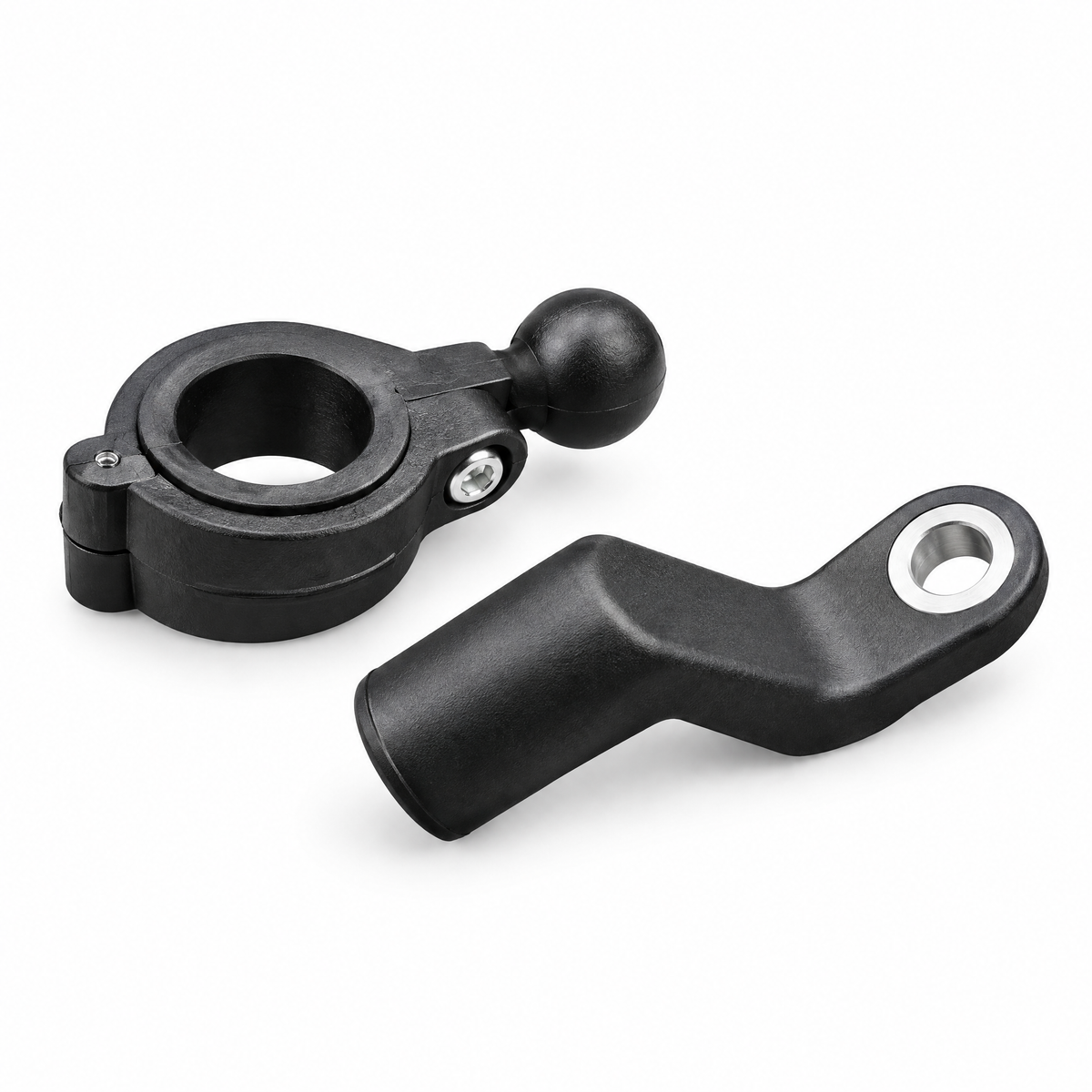 Handlebar clamp with ball arm and the offset mirror-mount adapter